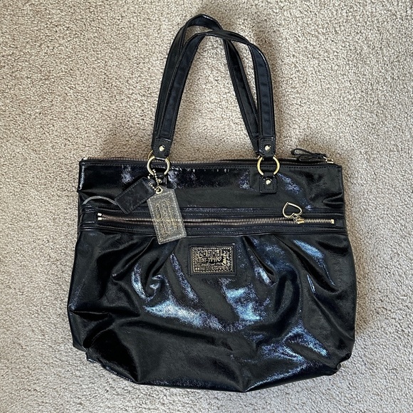 COACH Black Poppy Gloss Patent Leather Shoulder Tote Daisy Liquid Glam VINTAGE - Picture 1 of 9
